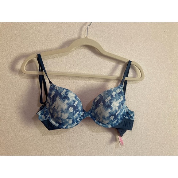 Victoria's Secret Other - Victoria's Secret‎ PINK T-Shirt Blue Tie Dye Bra Size 32C Lightly Lined Logo